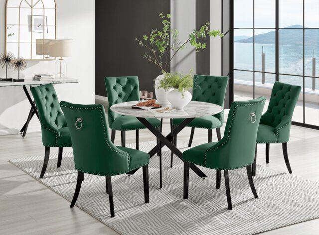 Novara White Marble Black Leg 120cm Round Dining Table & 6 Belgravia Black Leg Chairs - image 1