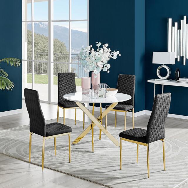 Novara White Gloss Gold Leg Round Dining Table & 4 Milan Gold Leg Chairs - image 1