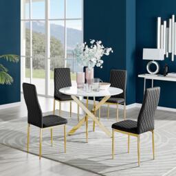 Novara White Gloss Gold Leg Round Dining Table & 4 Milan Gold Leg Chairs - thumbnail 1