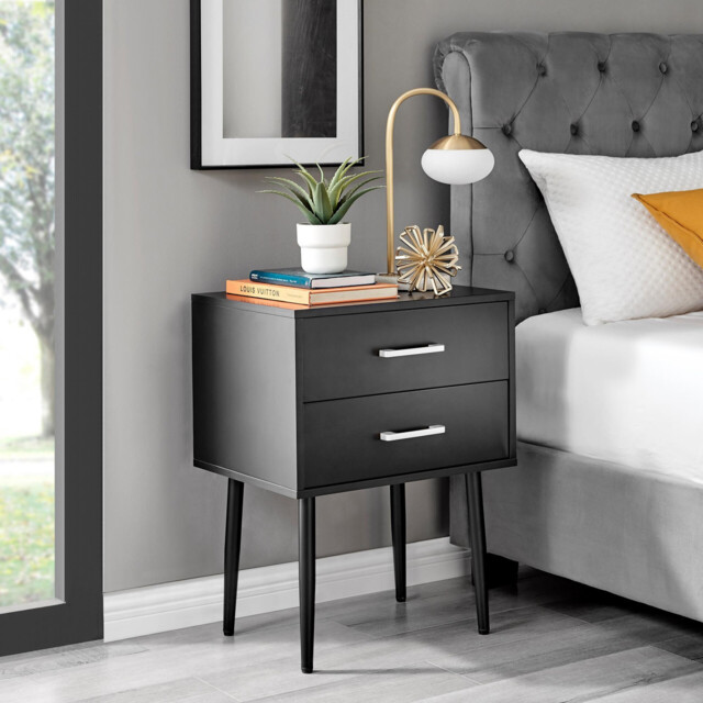 Taylor 2 Drawer Black Bedside Table Silver Handles - image 1