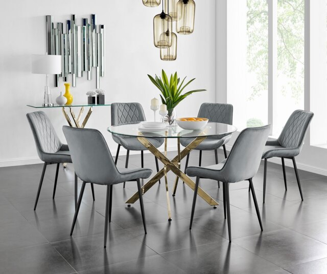 Novara 120cm Gold Round Dining Table and 6 Pesaro Black Leg Chairs - image 1