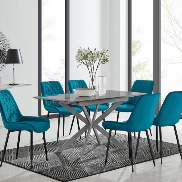 Lira 120cm Grey Metal Extending Dining Table & 6 Pesaro Black Leg Chairs - image 1