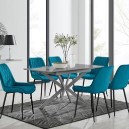 Lira 120cm Grey Metal Extending Dining Table & 6 Pesaro Black Leg Chairs - thumbnail 1