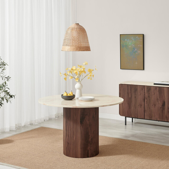 Penrose Round Walnut & Marble Effect Slatted 4-6 Seater Dining Table - image 1