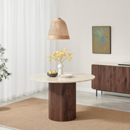 Penrose Round Walnut & Marble Effect Slatted 4-6 Seater Dining Table - thumbnail 2