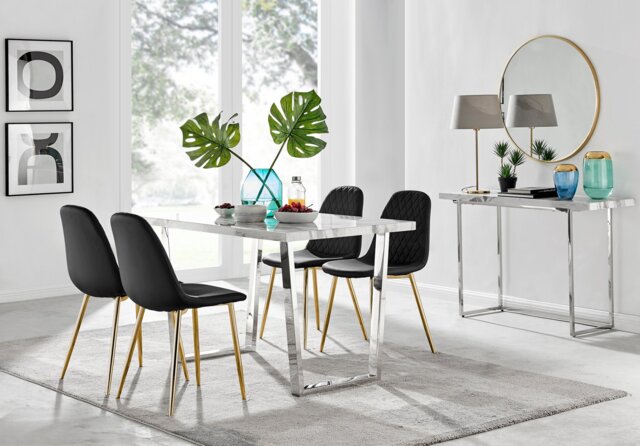 Kylo White Marble Effect Dining Table & 4 Corona Gold Leg Chairs - image 1