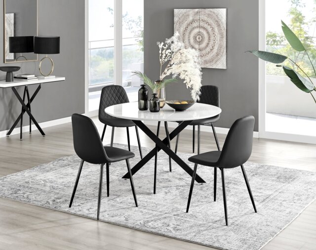 Novara White Gloss Black Leg 120cm Round Dining Table & 4 Corona Black Leg Chairs - image 1