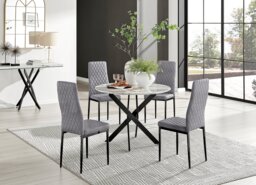 Novara White Marble Black Leg Round Dining Table & 4 Velvet Milan Black Leg Chairs - thumbnail 1
