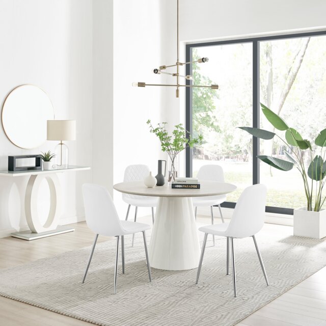 Palma Beige Stone Effect Round Dining Table & 4 Corona Silver Chairs - image 1