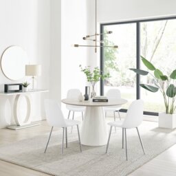 Palma Beige Stone Effect Round Dining Table & 4 Corona Silver Chairs