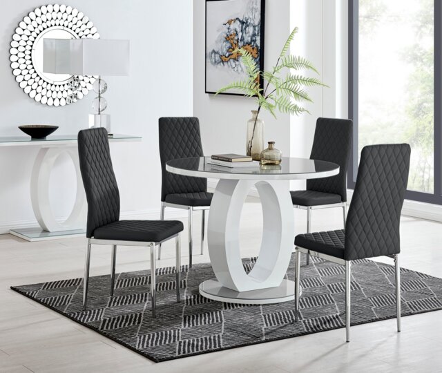 Giovani Grey White High Gloss And Glass 100cm Round Dining Table And 4 Milan Chairs Set - image 1