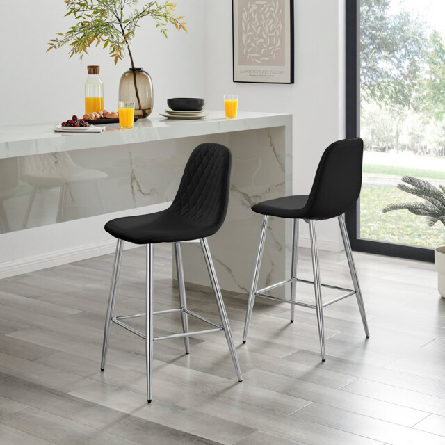 2x Corona Black Faux Leather Counter Stools Silver Legs - image 1