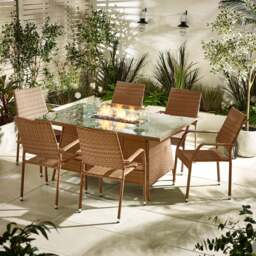 Furniturebox Marbella 6 Seat Firepit Table Garden Dining Set, Rattan in Beige - Size: 100x74x150 cm