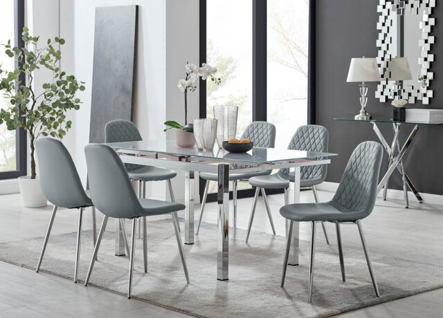 Enna White Glass Extending Dining Table and 6 Corona Silver Leg Chairs - image 1