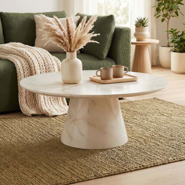 Furniturebox Palma Round Cream Marble Effect Coffee Table, Engineered Wood in Cream/White - Size: 90x35x90 cm - image 1