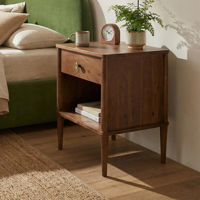Matterhorn 1 Drawer Square Walnut Wood Bedside Table - image 1