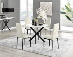 Novara White Gloss Black Leg Round Dining Table & 4 Velvet Milan Black Leg Chairs