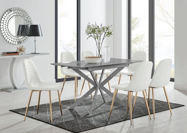 Lira 100cm Grey Metal Extending Dining Table & 6 Corona Gold Leg Chairs - image 1