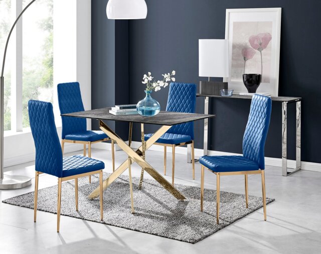 Leonardo Brown/Grey Glass Marble Effect Gold Leg Table & 4 Pesaro Gold Leg Chairs - image 1