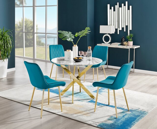 Novara White Marble Gold Leg Round Dining Table & 4 Pesaro Gold Leg Chairs - image 1