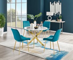 Novara White Marble Gold Leg Round Dining Table & 4 Pesaro Gold Leg Chairs - thumbnail 1