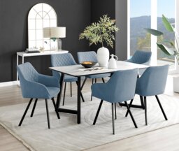 Carson White Marble Effect Dining Table & 6 Falun Black Leg Chairs - thumbnail 1