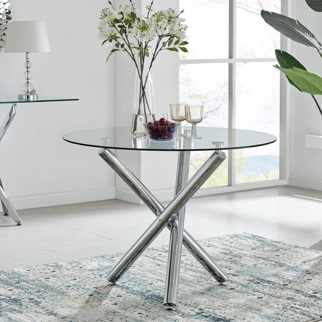 Selina Round Glass and Silver Metal 4 Seater Dining Table - image 1