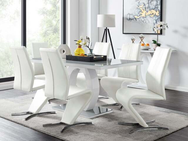 Furniturebox Giovani Grey Modern High Gloss And Glass Dining Table And 6 Willow Chairs Set, Faux Leather/Metal/Tempered Glass in White - image 1