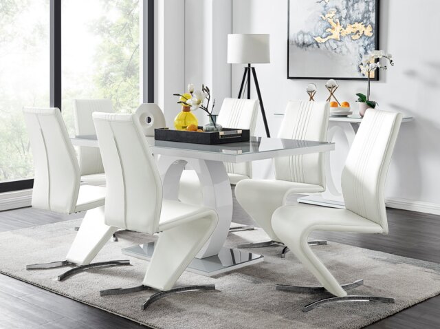 Giovani Grey White Modern High Gloss And Glass Dining Table And 6 Willow Chairs Set - image 1