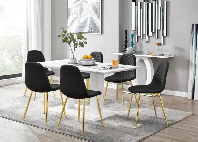 Imperia White High Gloss Dining Table And 6 Corona Gold Chairs Set - image 1