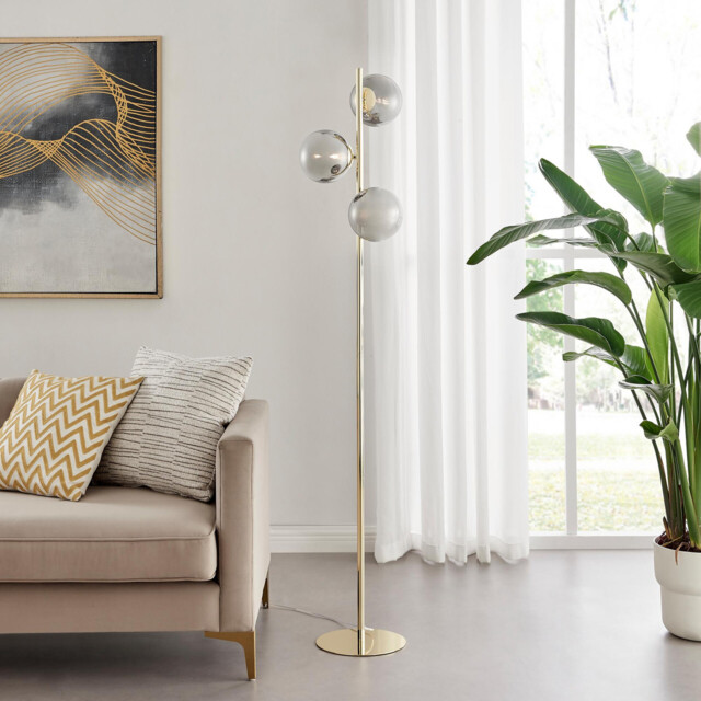 Lazio Smoked Glass and Brass 3 Globe Standing Floor Lamp - image 1