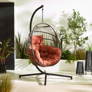 Brown Rattan & Orange Garden Hanging Egg Chair Seat - image 1