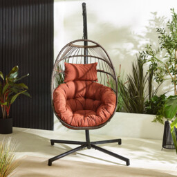 Brown Rattan & Orange Garden Hanging Egg Chair Seat - thumbnail 2