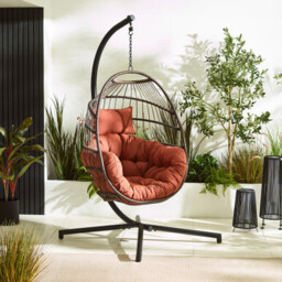 Brown Rattan & Orange Garden Hanging Egg Chair Seat - thumbnail 1