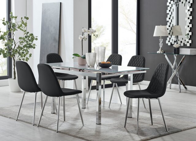Enna White Glass Extending Dining Table and 6 Corona Silver Leg Chairs - image 1