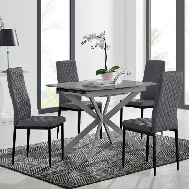 Lira 100cm Grey Metal Extending Dining Table & 4 Velvet Milan Black Leg Chairs - image 1