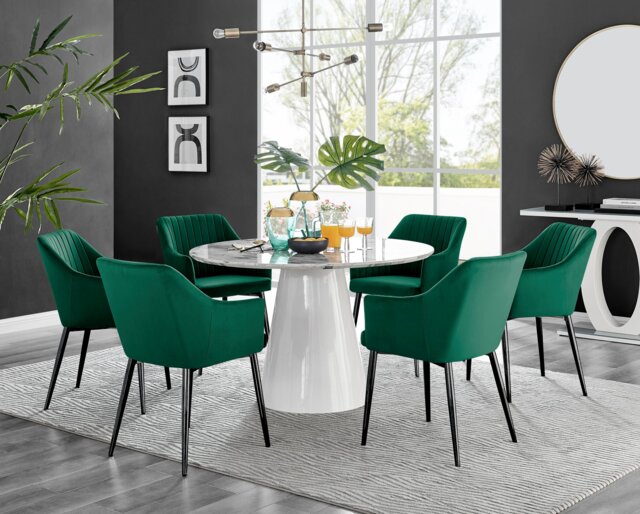 Palma White Marble Effect Round Dining Table & 6 Calla Black Leg Chairs - image 1