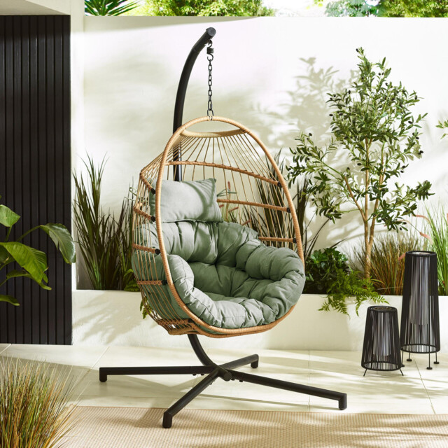 Beige Rattan & Green Garden Hanging Egg Chair Seat - image 1