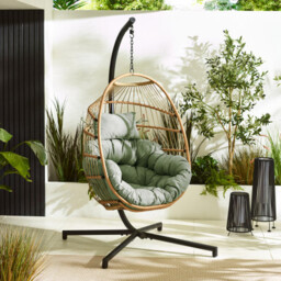 Beige Rattan & Green Garden Hanging Egg Chair Seat - thumbnail 1