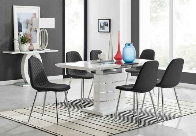 Renato 120cm High Gloss Extending Dining Table and 6 Corona Silver Leg Chairs - image 1