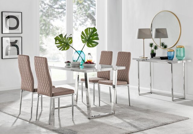 Kylo White Marble Effect Dining Table & 4 Milan Chrome Leg Chairs - image 1