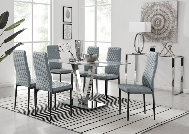 Florini V Grey Dining Table and 6 Milan Black Leg Chairs - image 1