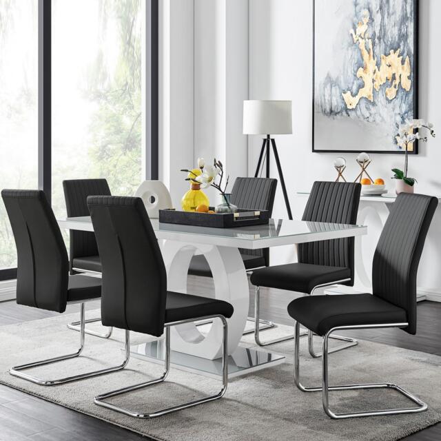 Giovani Grey White Modern High Gloss And Glass Dining Table And 6 Lorenzo Chairs Set - image 1