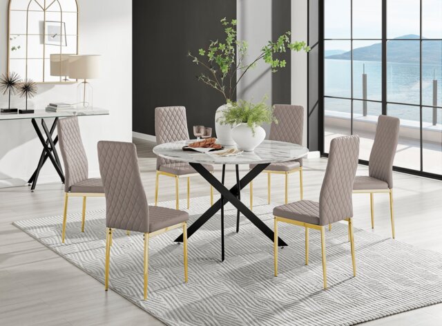Novara White Marble Black Leg 120cm Round Dining Table & 6 Milan Gold Leg Chairs