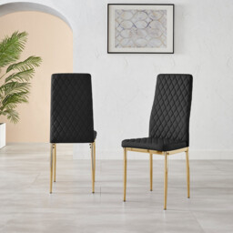 4x Milan Black Hatched Faux Leather Dining Chairs Gold Legs - thumbnail 3