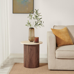 Penrose Round Walnut & Cream Marble Effect Side Table - thumbnail 3