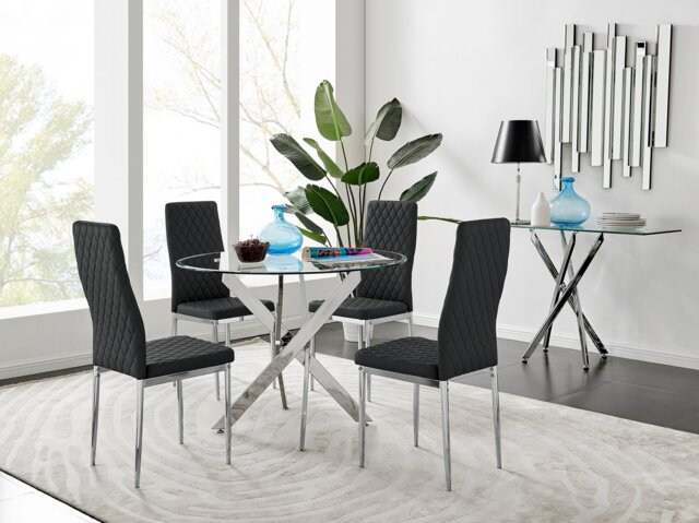 Novara Chrome Metal And Glass 100cm Round Dining Table And 4 Milan Dining Chairs Set - image 1