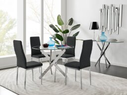 Novara Chrome Metal And Glass 100cm Round Dining Table And 4 Milan Dining Chairs Set - thumbnail 1