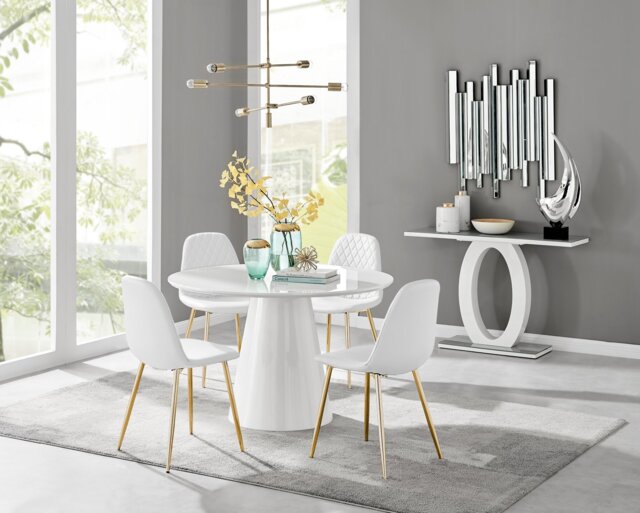 Palma White High Gloss Round Dining Table & 4 Corona Gold Leg Chairs - image 1