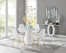 Palma White High Gloss Round Dining Table & 4 Corona Gold Leg Chairs - thumbnail 1
